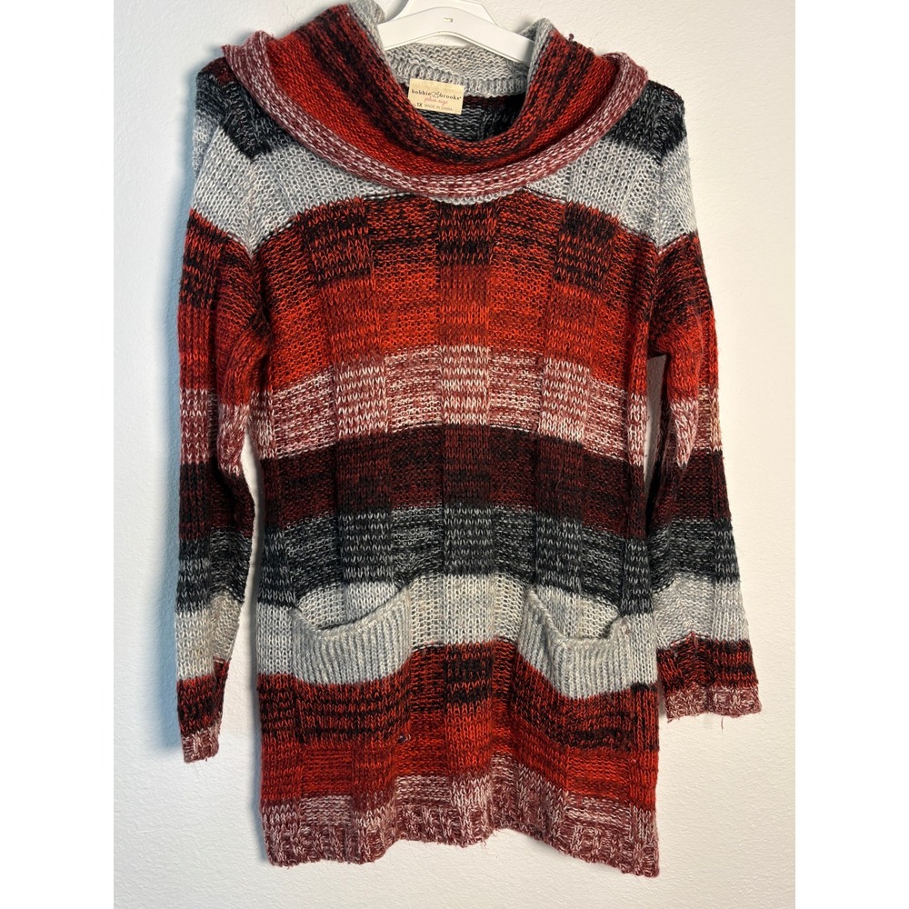 Bobbie Brooks Plus Size 1X Cowl Neck Striped Tunic Sweater Red Grey Knit Pockets